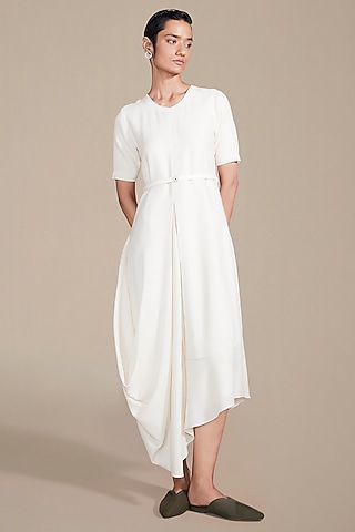 Ivory Wool Rib Texture Embroidered Dress by AMPM