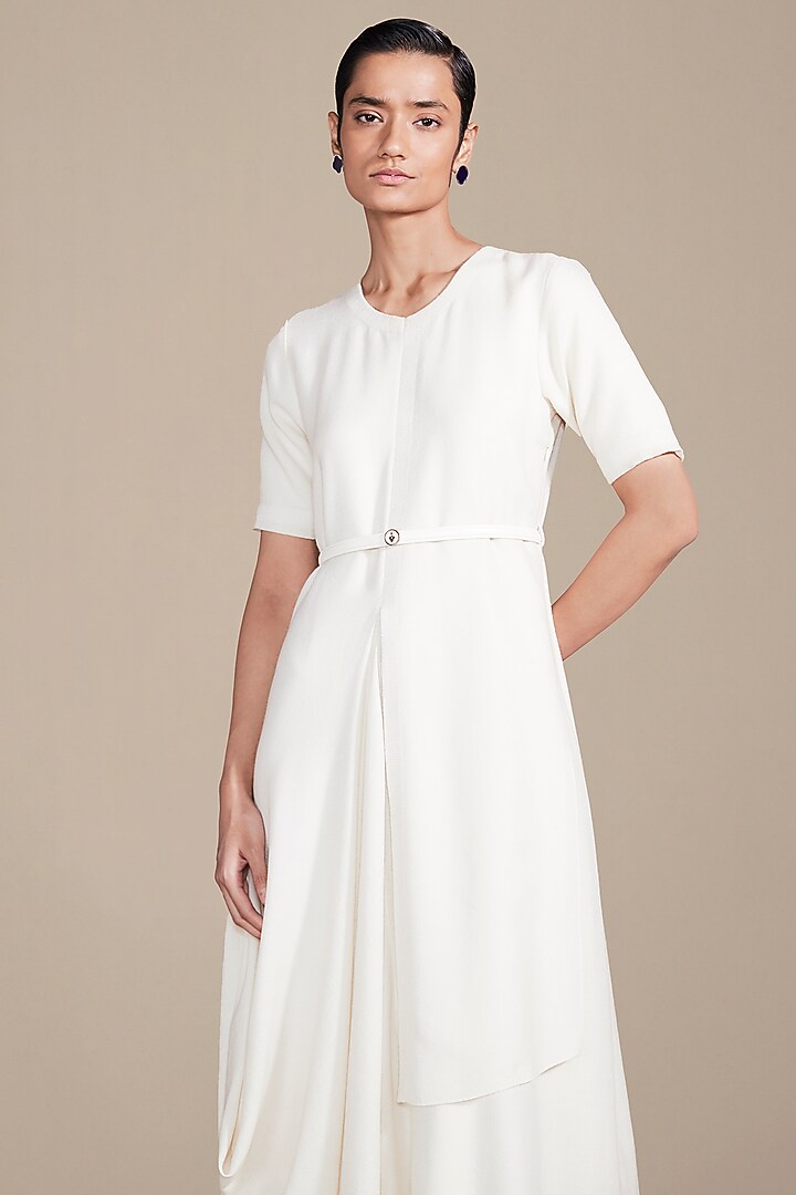 Ivory Wool Rib Texture Embroidered Vacation Dress by AMPM at Pernia's Pop Up Shop