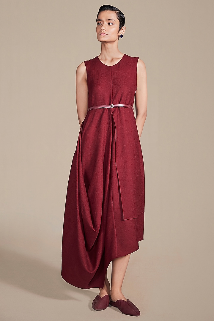Maroon Woolen Cord Embroidered Cowl Draped Dress by AMPM