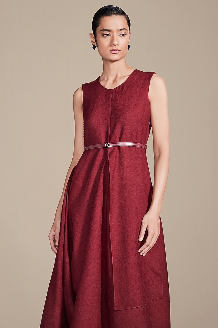 Maroon Woolen Cord Embroidered Cowl Draped Vacation Dress by AMPM at Pernia's Pop Up Shop
