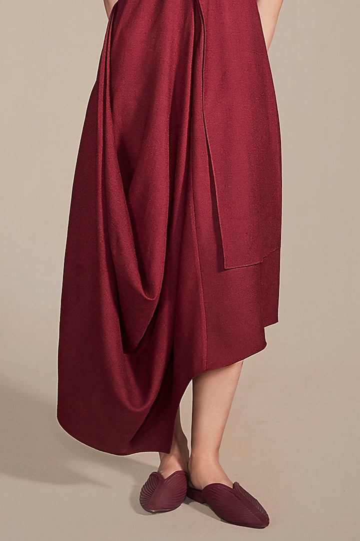 Maroon Woolen Cord Embroidered Cowl Draped Vacation Dress by AMPM at Pernia's Pop Up Shop