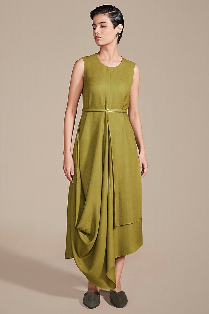 Leaf Green Woolen Cord Embroidered Cowl Draped Dress by AMPM
