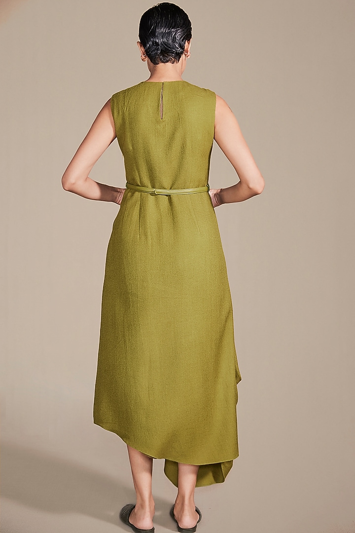 Leaf Green Woolen Cord Embroidered Cowl Draped Vacation Dress by AMPM at Pernia's Pop Up Shop