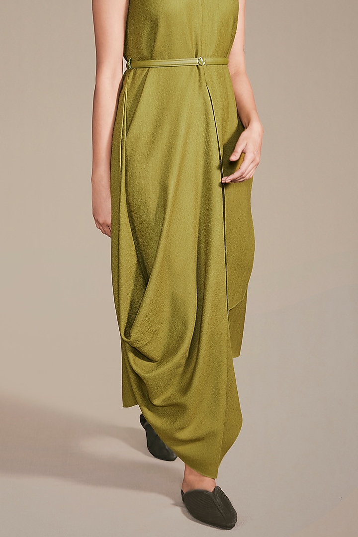 Leaf Green Woolen Cord Embroidered Cowl Draped Vacation Dress by AMPM at Pernia's Pop Up Shop