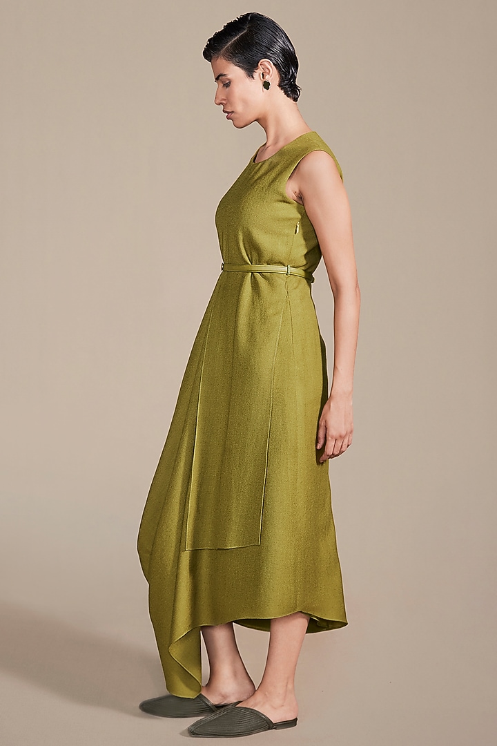 Leaf Green Woolen Cord Embroidered Cowl Draped Vacation Dress by AMPM at Pernia's Pop Up Shop