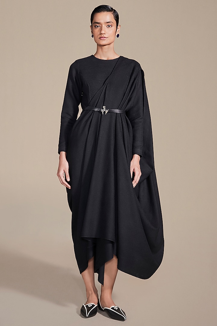 Black Wool Cord Embroidered Draped Wedding Saree by AMPM at Pernia's Pop Up Shop