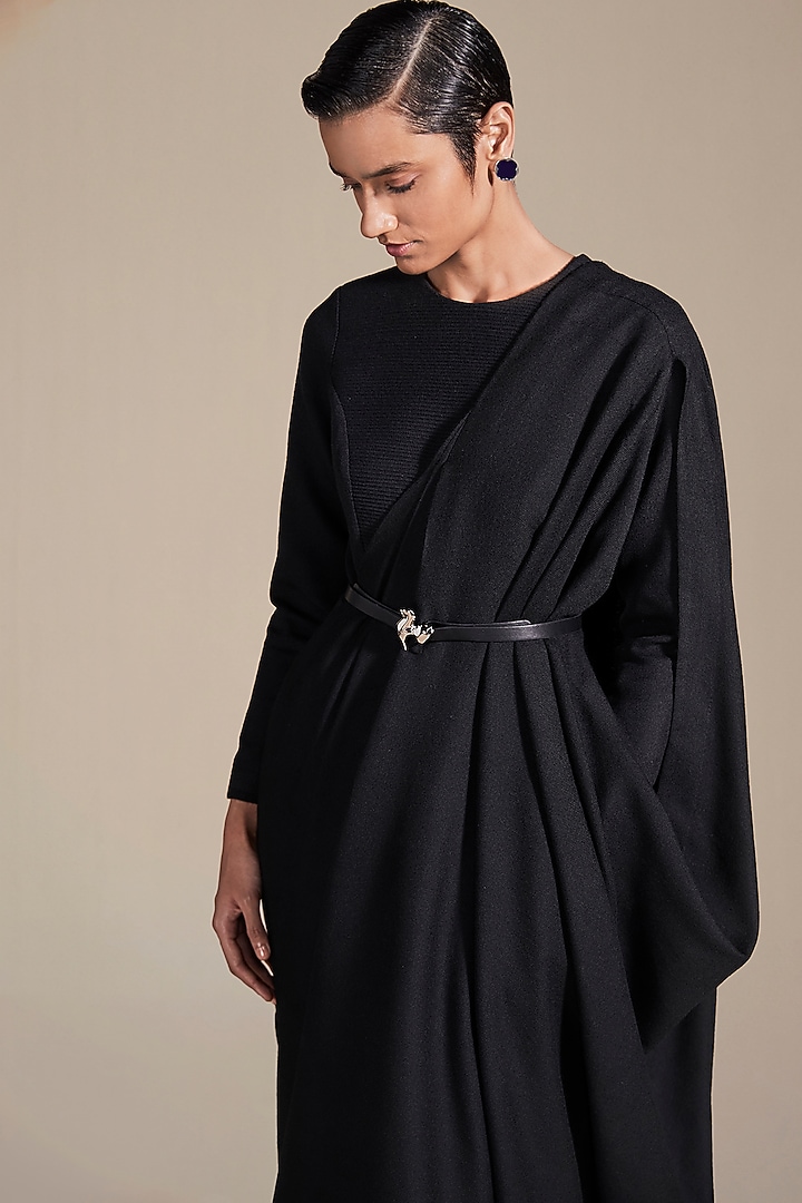 Black Wool Cord Embroidered Draped Wedding Saree by AMPM at Pernia's Pop Up Shop