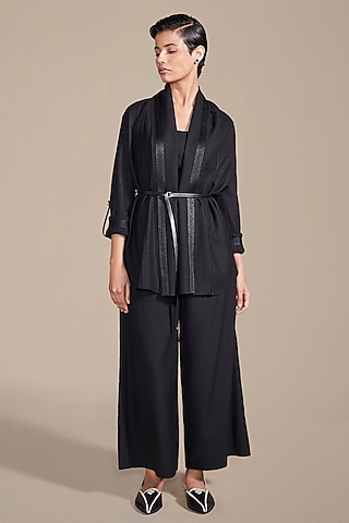 Black Wool Resham Embroidered Cape by AMPM
