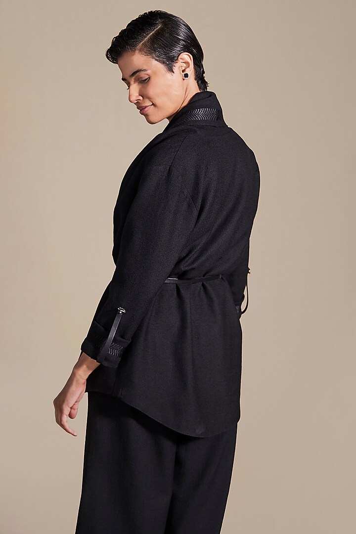 Black Wool Resham Embroidered Cape by AMPM at Pernia's Pop Up Shop