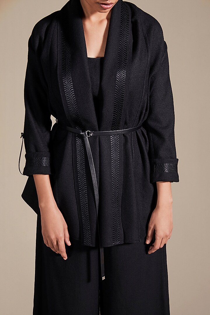 Black Wool Resham Embroidered Cape by AMPM at Pernia's Pop Up Shop