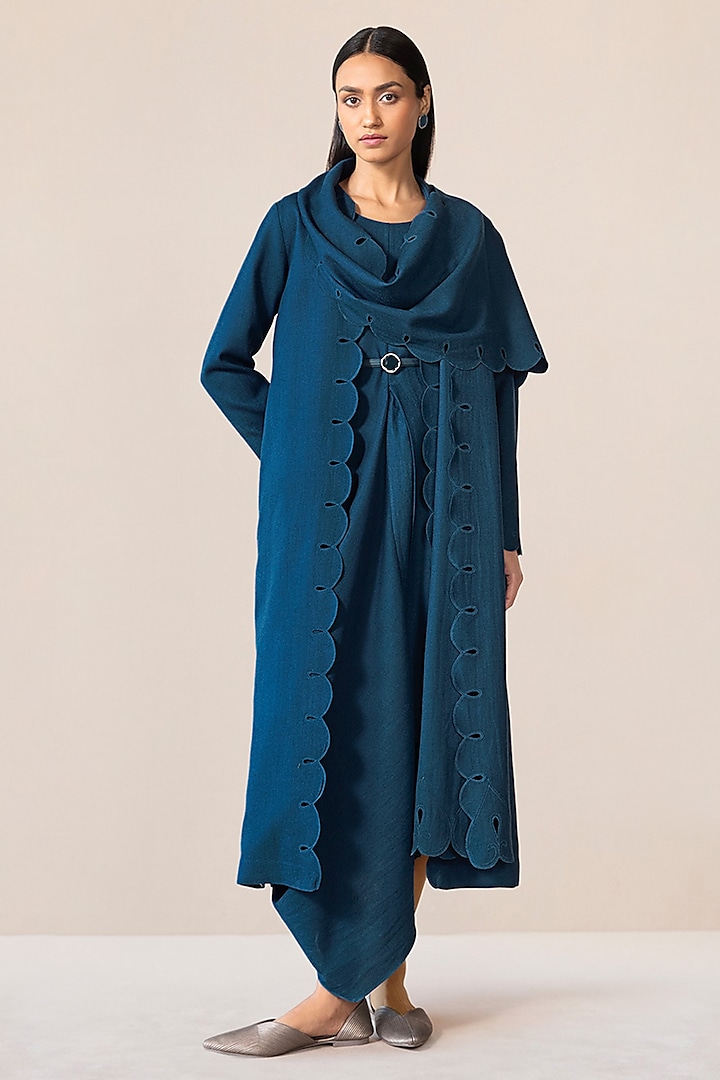 Teal Wool Maxi Dress With Embroidered Jacket by AMPM at Pernia's Pop Up Shop