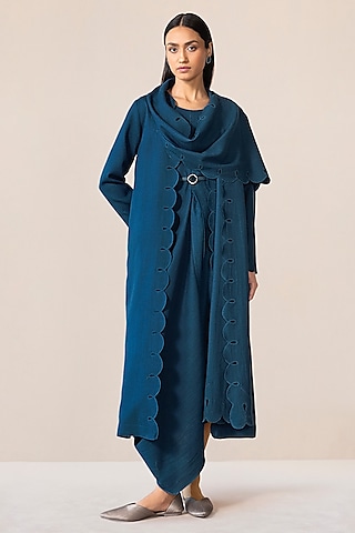 Teal Wool Maxi Dress With Embroidered Jacket by AMPM