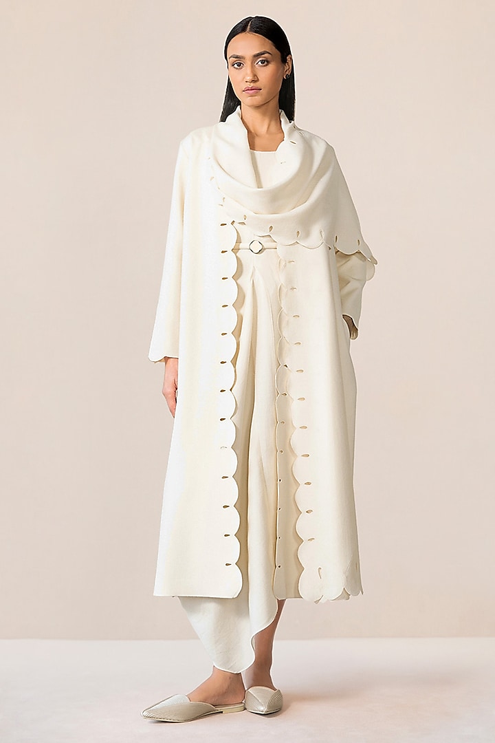 Ivory Wool Maxi Dress With Embroidered Jacket by AMPM at Pernia's Pop Up Shop