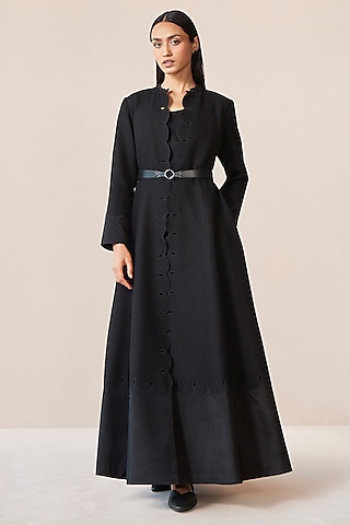 Black Wool Cutwork Embroidered Jacket Set by AMPM