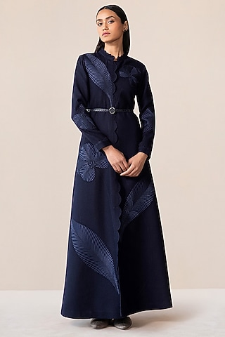 Navy Wool Resham Embroidered Jacket by AMPM