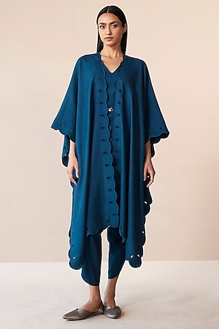 Teal Wool Cutwork Cape Set by AMPM