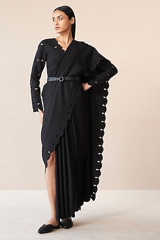 Black Wool Cutwork Saree Set by AMPM