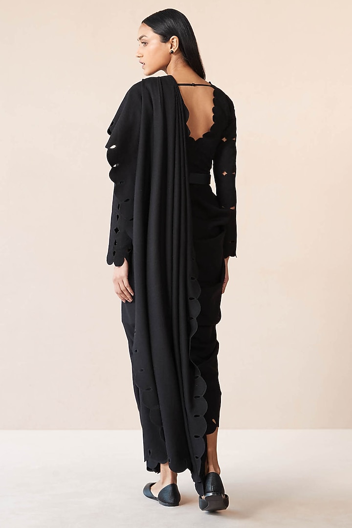 Black Wool Cutwork Wedding Saree Set by AMPM at Pernia's Pop Up Shop