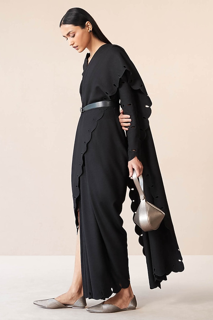 Black Wool Cutwork Wedding Saree Set by AMPM at Pernia's Pop Up Shop