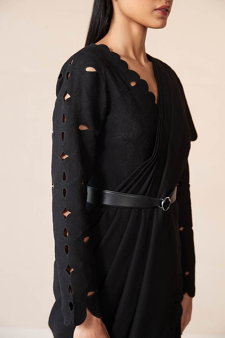 Black Wool Cutwork Wedding Saree Set by AMPM at Pernia's Pop Up Shop