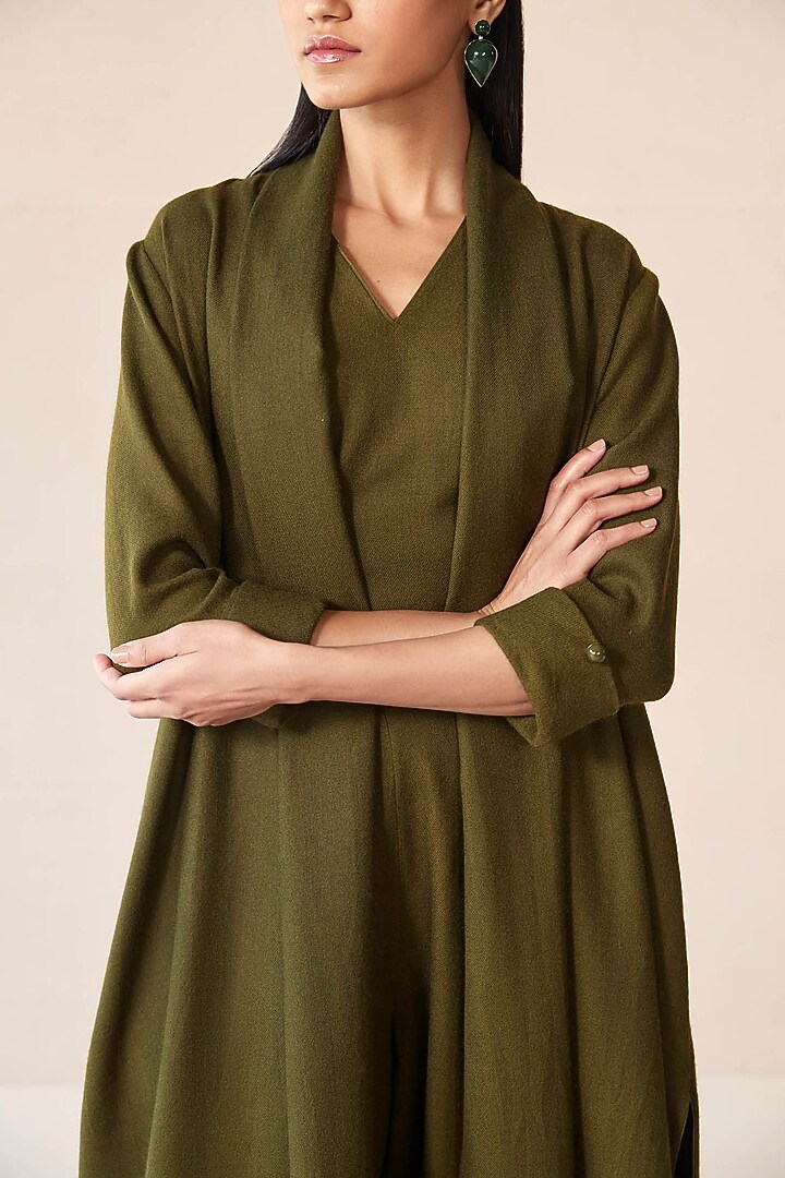 Olive Wool Throw Jacket Set by AMPM at Pernia's Pop Up Shop