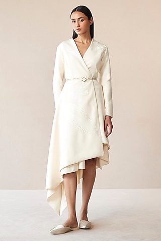 Ivory Wool Thread Embroidered Jacket Set by AMPM