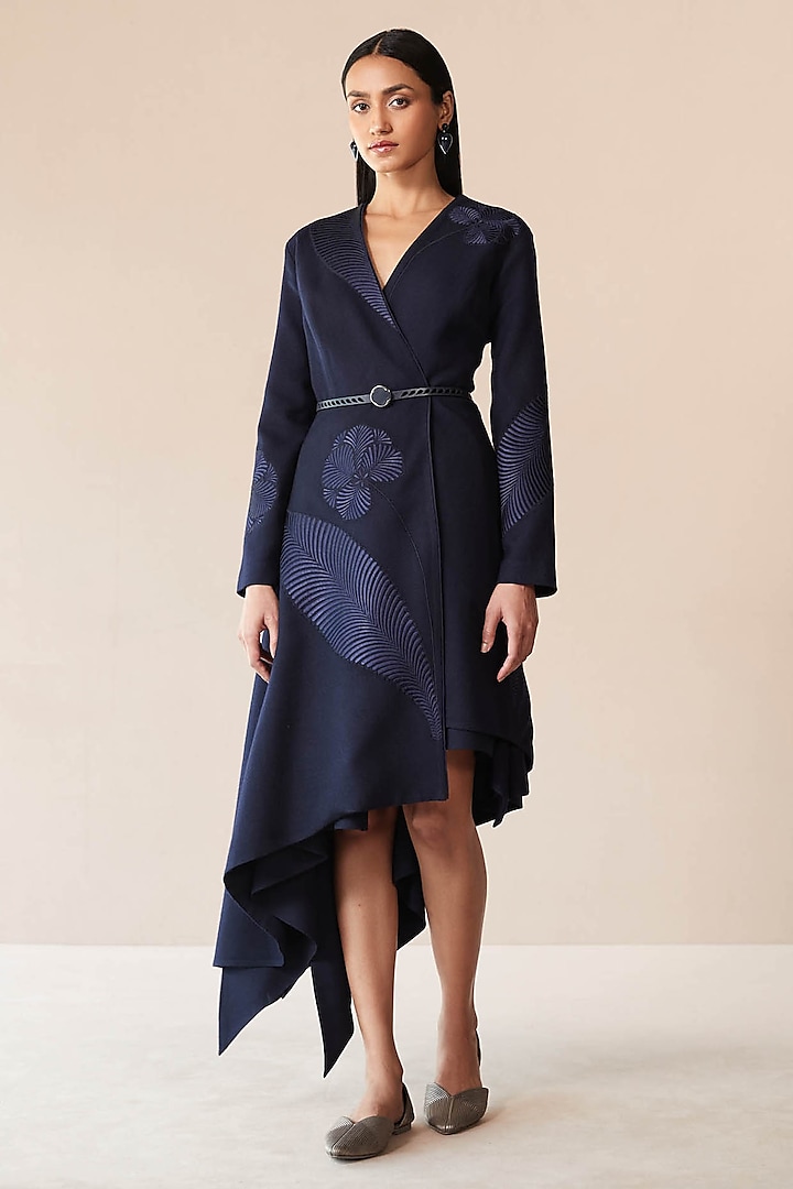 Navy Wool Thread Embroidered Jacket Set by AMPM at Pernia's Pop Up Shop