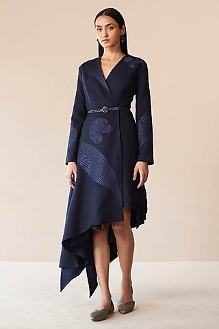 Navy Wool Thread Embroidered Jacket Set by AMPM