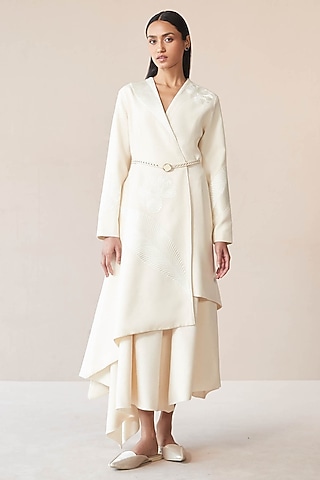 Ivory Wool Thread Embroidered Jacket Set by AMPM
