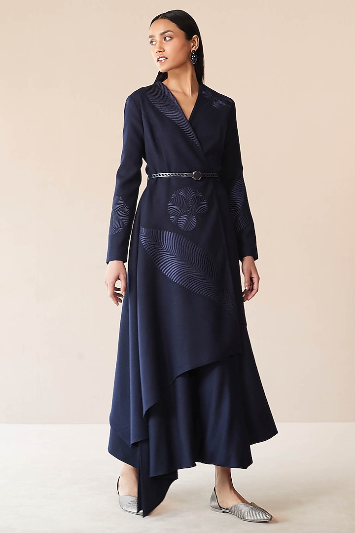 Navy Wool Thread Embroidered Jacket Set by AMPM at Pernia's Pop Up Shop