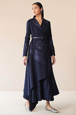 Navy Wool Thread Embroidered Jacket Set by AMPM