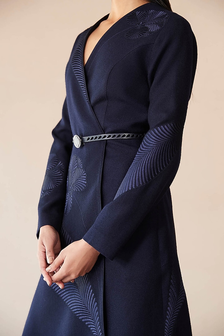 Navy Wool Thread Embroidered Jacket Set by AMPM at Pernia's Pop Up Shop