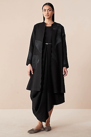 Black Wool Resham Embroidered Jacket Dress by AMPM