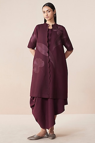 Burgundy Wool Resham Embroidered Jacket Dress by AMPM