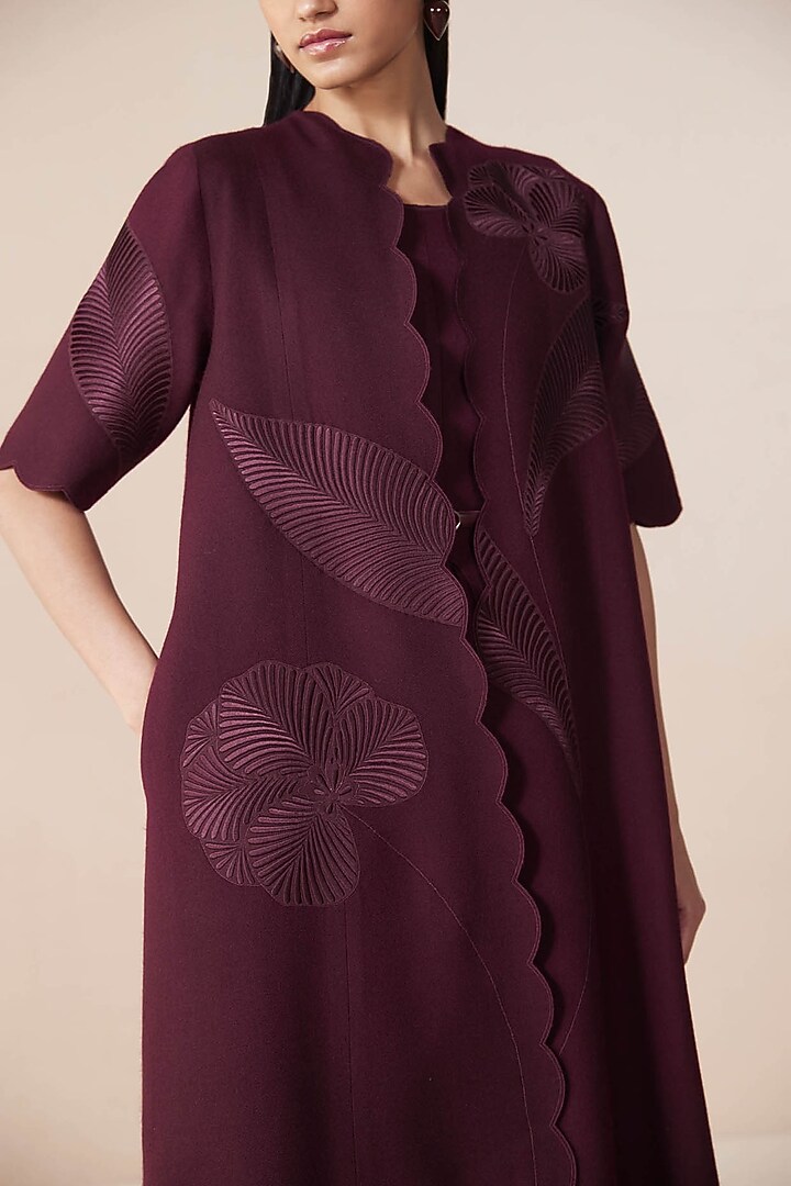 Burgundy Wool Resham Embroidered Jacket Party Wear Dress by AMPM at Pernia's Pop Up Shop