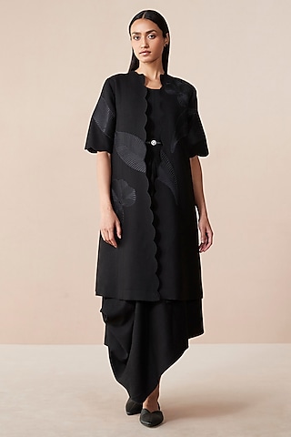 Black Wool Resham Embroidered Jacket Dress by AMPM