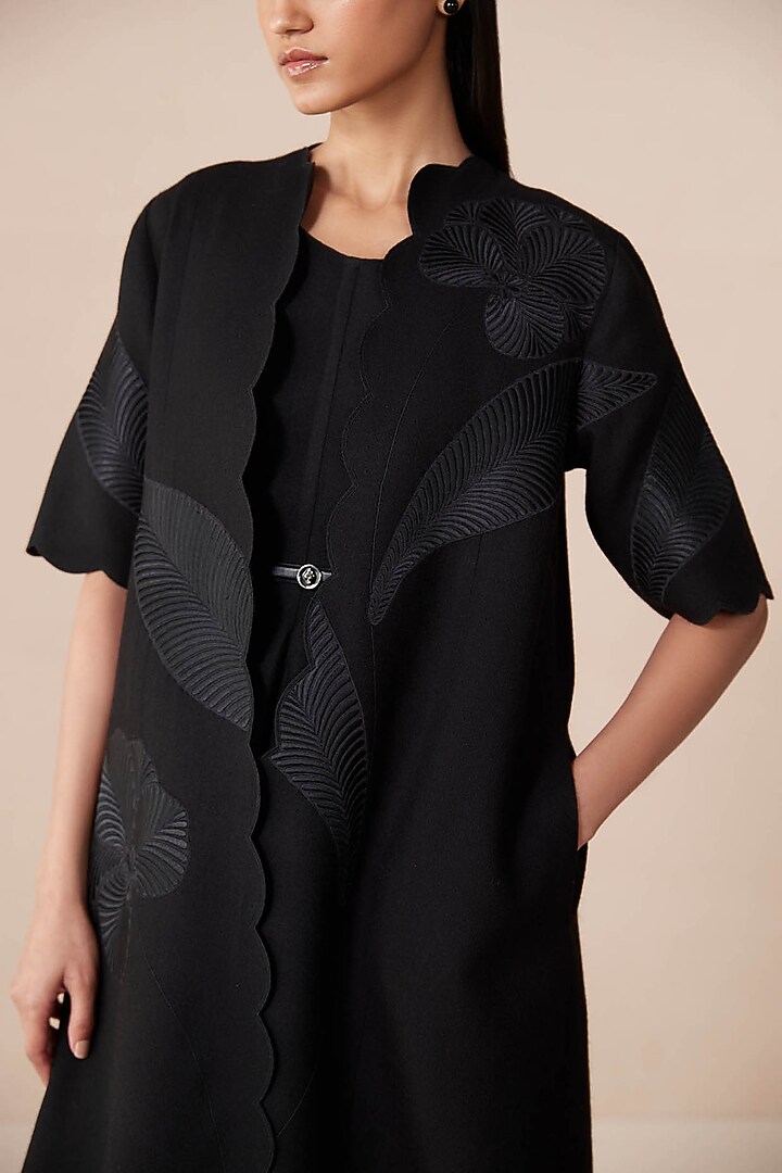 Black Wool Resham Embroidered Jacket Party Wear Dress by AMPM at Pernia's Pop Up Shop