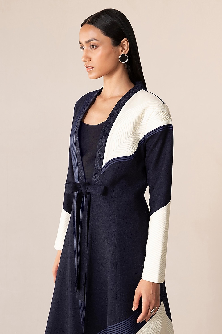 Navy & Ivory Wool Dori Embroidered Jacket by AMPM at Pernia's Pop Up Shop