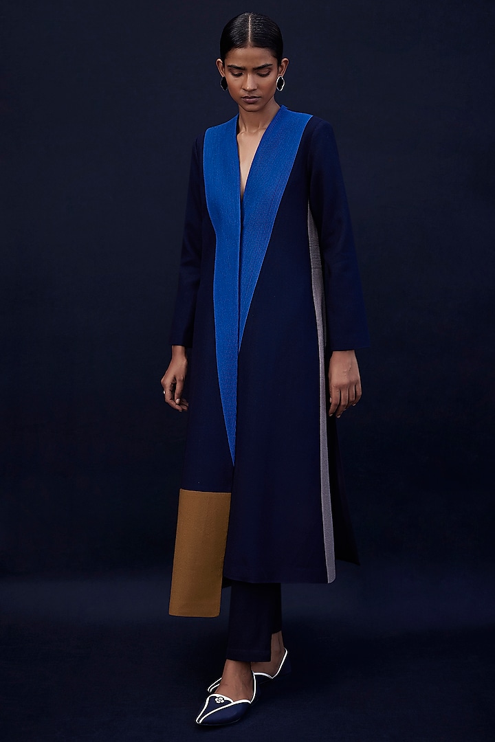 Navy Blue Color Blocked Jacket by AMPM