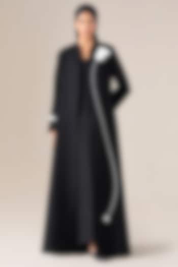 Black Wool Floral Embroidered Abaya Jacket Set by AMPM at Pernia's Pop Up Shop