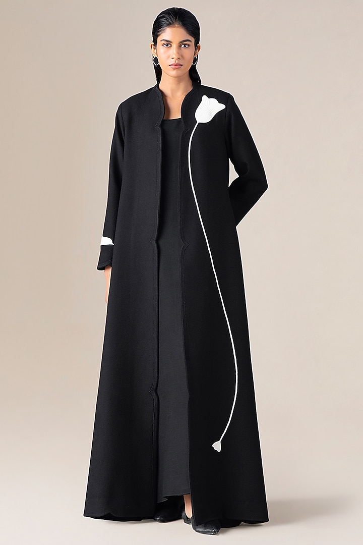 Black Wool Floral Embroidered Abaya Jacket Set by AMPM at Pernia's Pop Up Shop