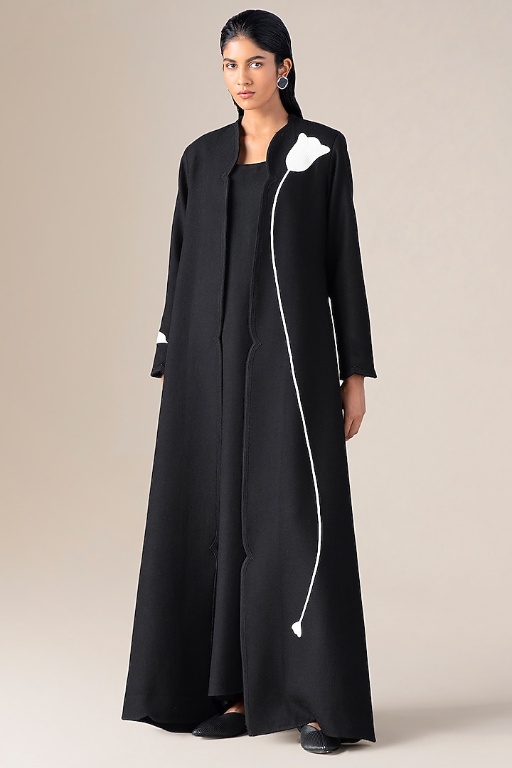 Black Wool Floral Embroidered Abaya Jacket Set by AMPM at Pernia's Pop Up Shop