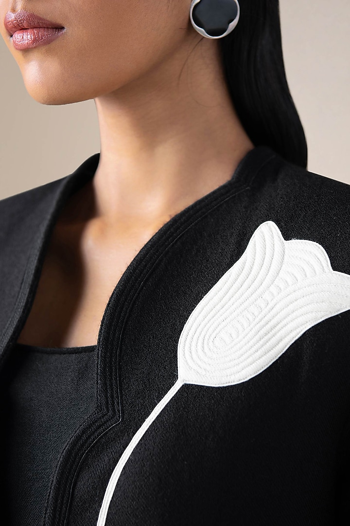 Black Wool Floral Embroidered Abaya Jacket Set by AMPM at Pernia's Pop Up Shop