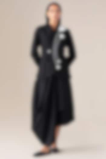 Black Wool Bloom Embroidered Jacket With Belt by AMPM at Pernia's Pop Up Shop