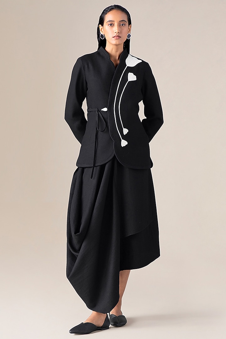 Black Wool Bloom Embroidered Jacket With Belt by AMPM at Pernia's Pop Up Shop
