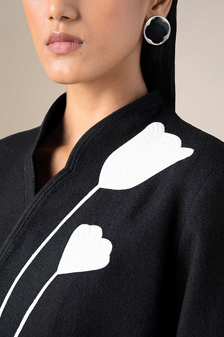 Black Wool Bloom Embroidered Jacket With Belt by AMPM at Pernia's Pop Up Shop