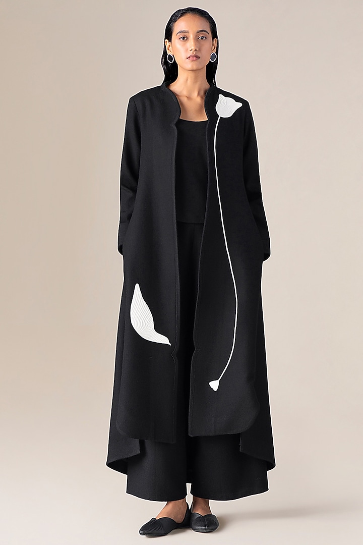 Black Wool Bloom Embroidered Jacket Set by AMPM at Pernia's Pop Up Shop