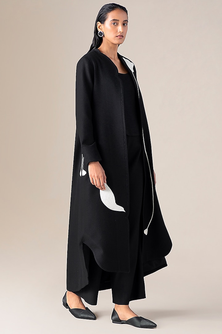 Black Wool Bloom Embroidered Jacket Set by AMPM at Pernia's Pop Up Shop