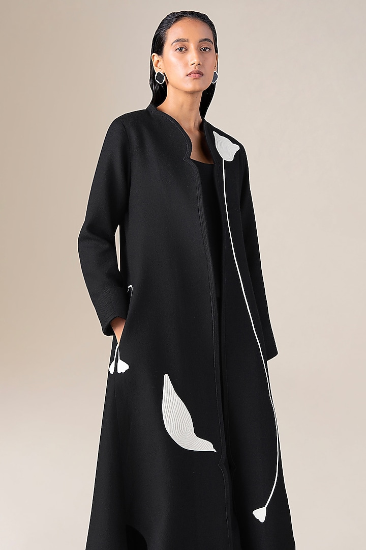 Black Wool Bloom Embroidered Jacket Set by AMPM at Pernia's Pop Up Shop