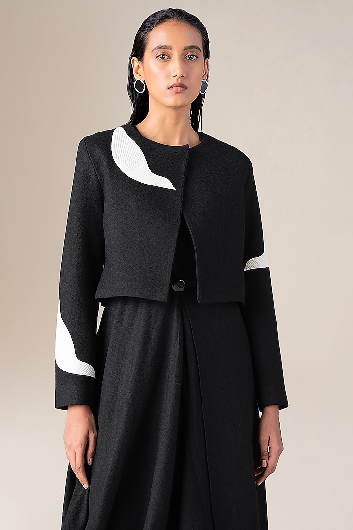 Black Wool Landscape Embroidered Jacket by AMPM at Pernia's Pop Up Shop